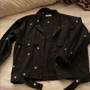 Star print oversized black denim jacket